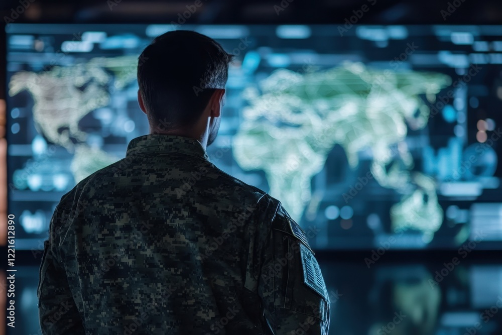 Poster soldier observes global map on digital display in military command center during operations