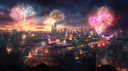 A bustling city skyline lit up with fireworks, with people gathered on rooftops, celebrating the arrival of the new year as the clock strikes midnight. Midnight Horizon. Illustration