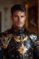 Portrait of a man in ornate gold and black armor