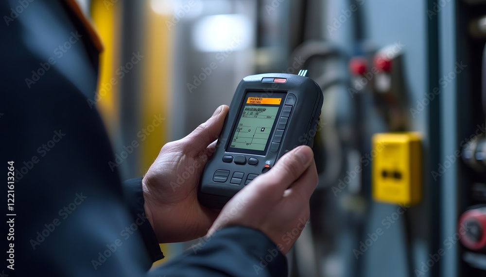 Aufkleber close-up of a technician using a handheld measuring device in an industrial setting.