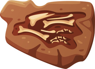 Dino fossil skeleton bones. Dinosaur parts and teeth embedded in a rock. Isolated cartoon vector partial skeletal structure, highlighting a few significant bones. Ancient paleontological museum relics