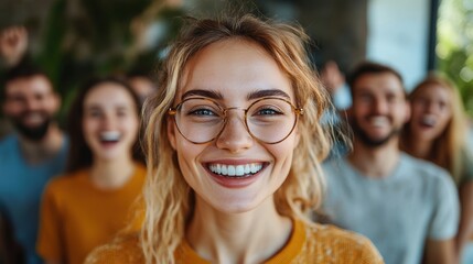 A smiling woman wearing glasses stands in the foreground, with a group of people socializing in the background.
