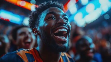 Obraz premium A joyful man laughs among a crowd at a lively basketball game, capturing the excitement and camaraderie of the event.