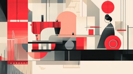 Abstract Geometric Artwork Featuring A Woman Sewing