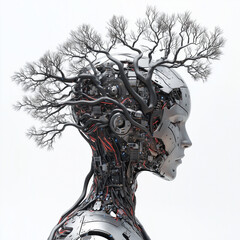 A surreal sculpture of a human face merging with a tree, representing nature, wisdom, and consciousness.