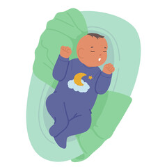 Nappy peaceful newborn kid resting watching sweet dreams in cozy bed baby shower vector illustration