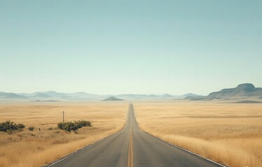 Fototapeta premium Straight road leading to the horizon, with mountains in the background and desert on both sides, clear blue sky, yellow lines marking the asphalt, symbolizing endless journey 
