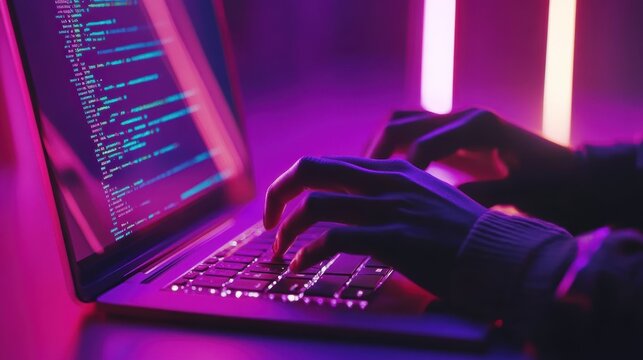 A person types on a laptop, illuminated by vibrant neon colors in the background, creating a modern and dynamic atmosphere. - Powered by Adobe