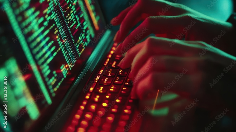 Poster a person is typing on a laptop illuminated by red lights, creating a vibrant and focused workspace a