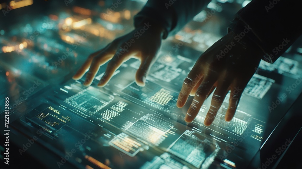 Poster a person is interacting with a touchscreen interface using their hands, showcasing technology in act