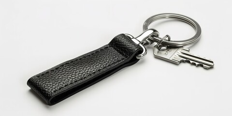 White background with a black rectangular leather keychain, Generative AI.