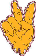Cartoon retro groovy peace hand gesture with bright yellow color and melting effect, reflecting nostalgic 70s era. Isolated vector palm shows victory sign, exuding vintage trippy hippie y2k vibe