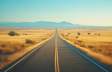 Fototapeta premium Straight road leading to the horizon, with mountains in the background and desert on both sides, clear blue sky, yellow lines marking the asphalt, symbolizing endless journey 