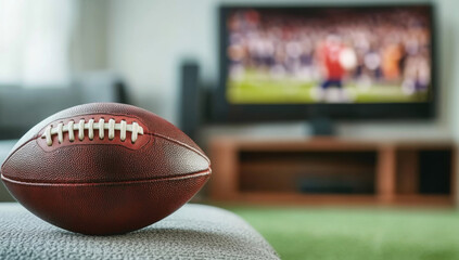 American football ball on foreground with blurred sport match on television in background 
