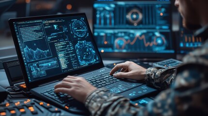 Obraz premium A person is focused on a laptop displaying multiple screens filled with data and information.