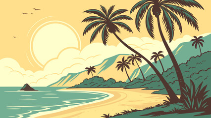 Obraz premium A vector illustration of a tropical beach with palm trees, clear water and a shining sun in the background
