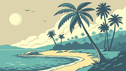 A vector illustration of a tropical beach with palm trees, clear water and a shining sun in the background