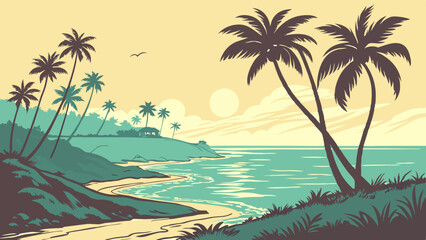 A vector illustration of a tropical beach with palm trees, clear water and a shining sun in the background