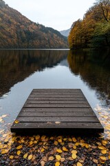 Serene autumn lake with wooden dock and colorful foliage