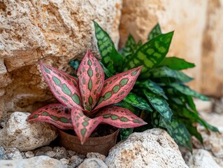 Closeup of a red and green patterned plant in a pot, nestled amongst rocks.
