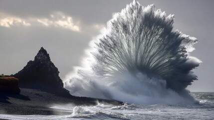 Icelandic black sand beach wave explosion