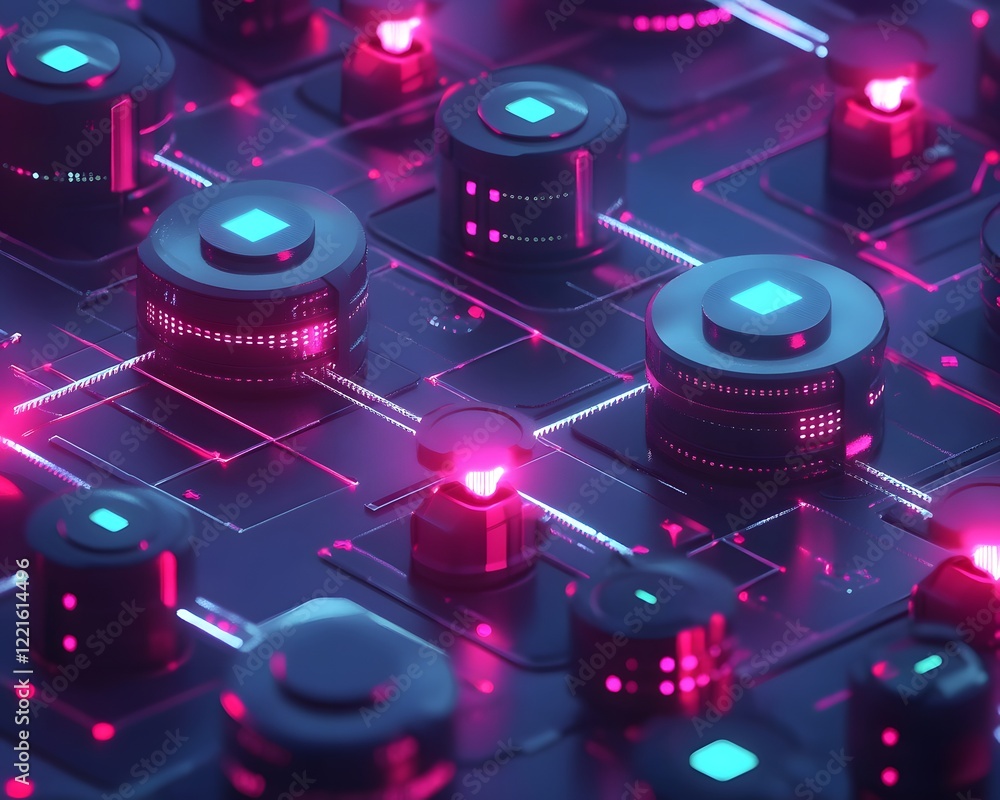 Poster futuristic digital interface with glowing buttons and circuits, showcasing advanced technology.
