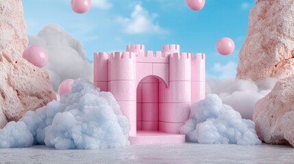 Pink castle in a dreamy landscape
