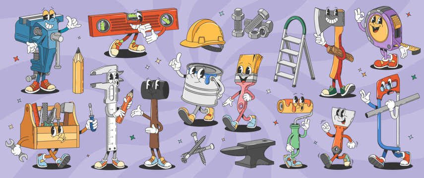 Cartoon retro groovy repair and DIY tools characters. Psychedelic funny hammer, helmet and toolbox vector personages of building, construction and renovation. Groovy paint, brush and saw characters