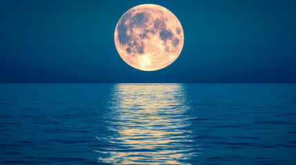 Blue moon reflecting on calm ocean surface, blue, moon, ocean, reflection, calm, serene, nature, night, sky, water. Midnight Horizon. Illustration