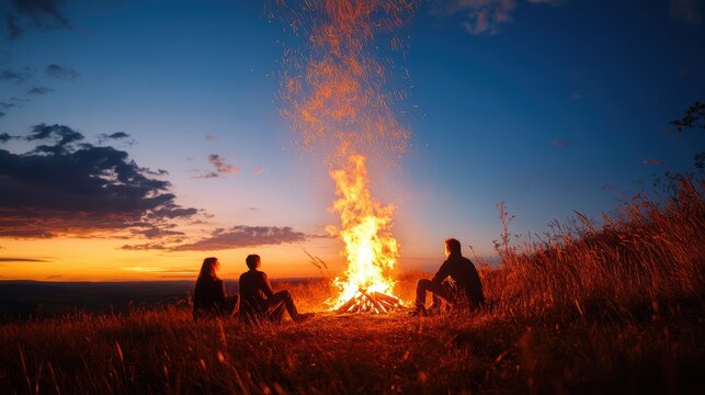 A group of people gathers around a campfire at sunset, illuminated by the warm glow against a picturesque sky backdrop.