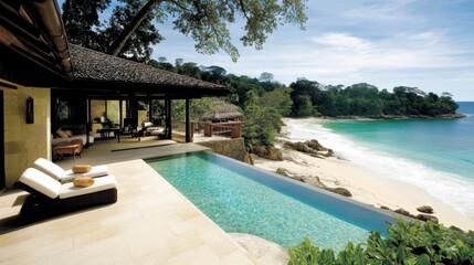Fototapeta premium A serene patio features a pool that offers a stunning view of the beach, creating a perfect relaxation spot.
