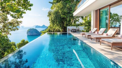 Fototapeta premium Aerial view of a serene pool surrounded by lounge chairs, offering a stunning ocean vista.
