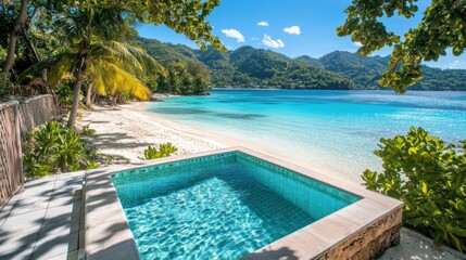 Fototapeta premium A serene beach features a central pool, offering a stunning view of the ocean, blending relaxation with natural beauty.
