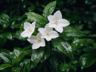 White flowers with water droplets on petals and leaves