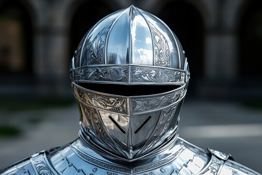 Close-up of a medieval knight's helmet with intricate engravings