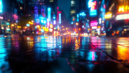 Naklejka premium Vivid Reflection of City Lights on Rainy Evening Street Scene 