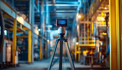 This image captures a high-tech camera mounted on a tripod in an industrial warehouse, showcasing advanced technology and engineering in a modern manufacturing environment.