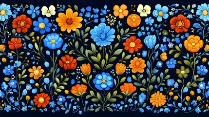 An abstract floral pattern with bold outlines and vibrant colors.