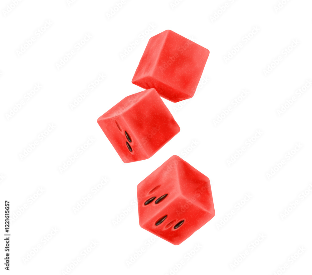 Wall mural realistic ripe raw watermelon fruit cubes or dice falling or float in the air. isolated 3d vector re