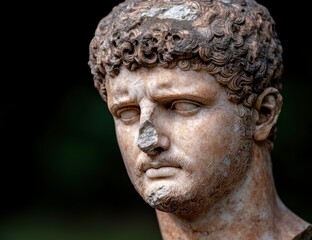 Close-up of an ancient marble bust of a man