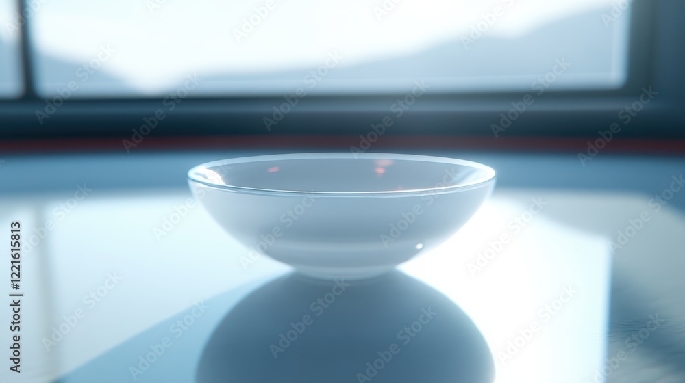 Poster a white bowl rests on a table, with a window in the background, creating a simple yet inviting scene