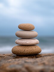 Balanced stones on a beach with a blurred ocean background
