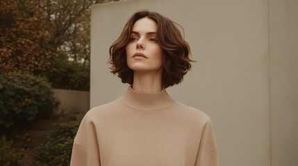 A woman wearing a turtleneck sweater poses against a plain white wall, showcasing a minimalist and stylish look.