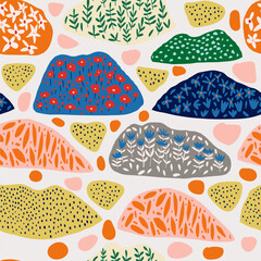 Abstract pattern featuring stylish colors, flowers, leaves, polka dots, and patchwork elements. Perfect for textile design, wallpapers, creative decor, and modern art projects with a unique aesthetic