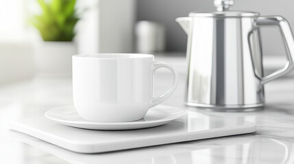 Fototapeta premium A white cup and saucer elegantly placed on a white plate, creating a minimalist and clean aesthetic.