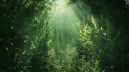Sunbeams illuminate a path through a lush cornfield.