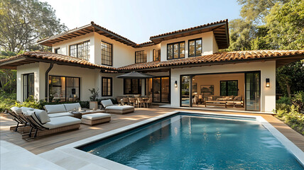 Fototapeta premium luxury spanish modern home in CALIFORNIA exterior patio with lounge area near pool