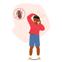 Unhappy schoolboy child scratching hair scalp having pediculosis problem lice parasitic infestation