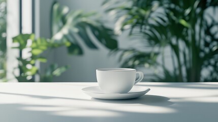A cup of coffee sits on a saucer atop a simple table, inviting warmth and comfort in a cozy setting.