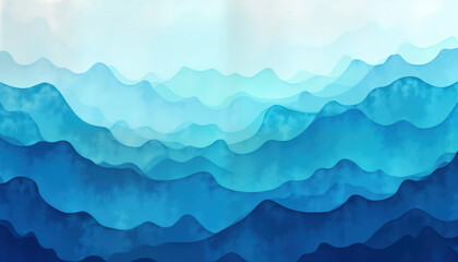 Abstract landscape with layered mountains. Azure, turquoise blue hues create serene effect. Gradient colors imitate misty morning tranquil sunset. Delicate watercolor style adds texture. Suitable for